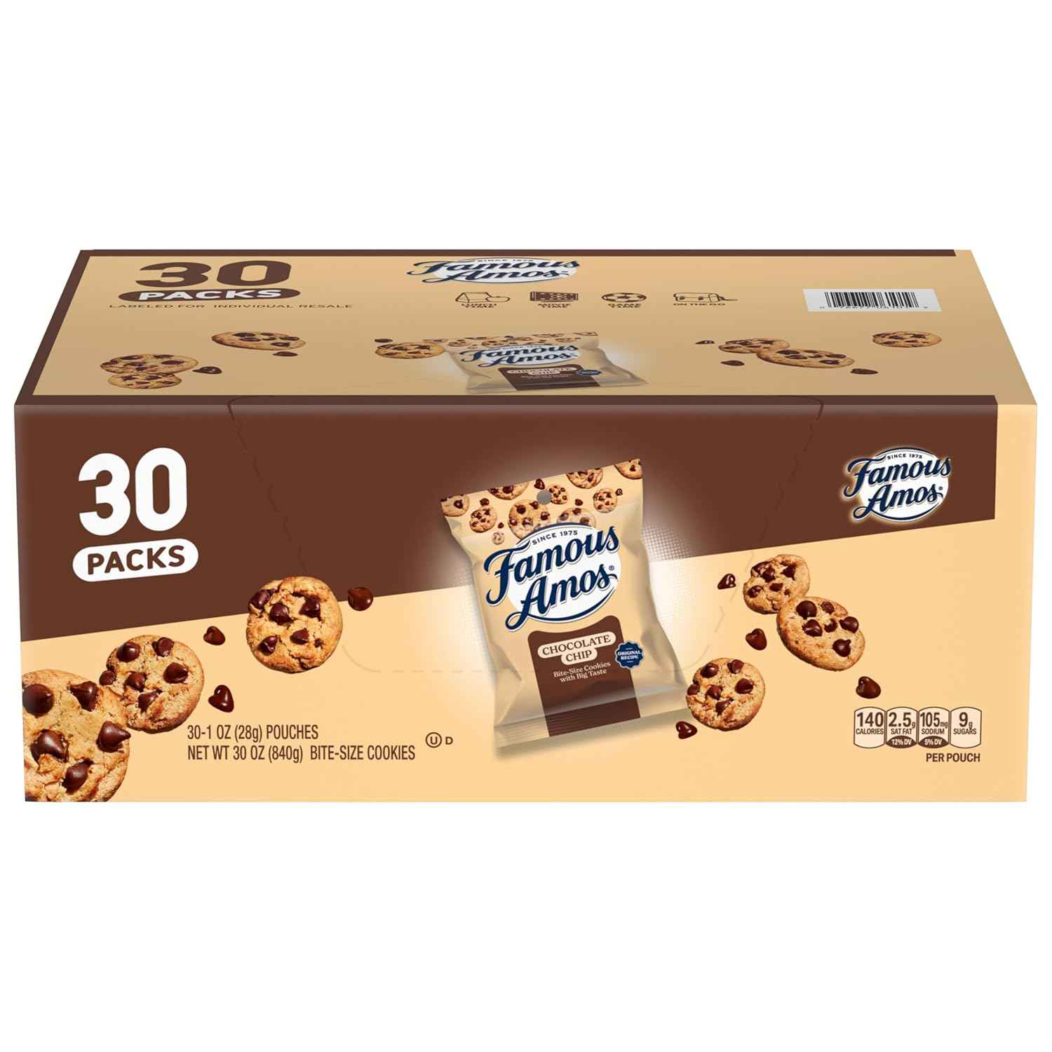 Famous Amos Original Recipe Chocolate Chip Bite-Size Cookies, 30-Count Individually Wrapped Snack Packs for School Lunchboxes