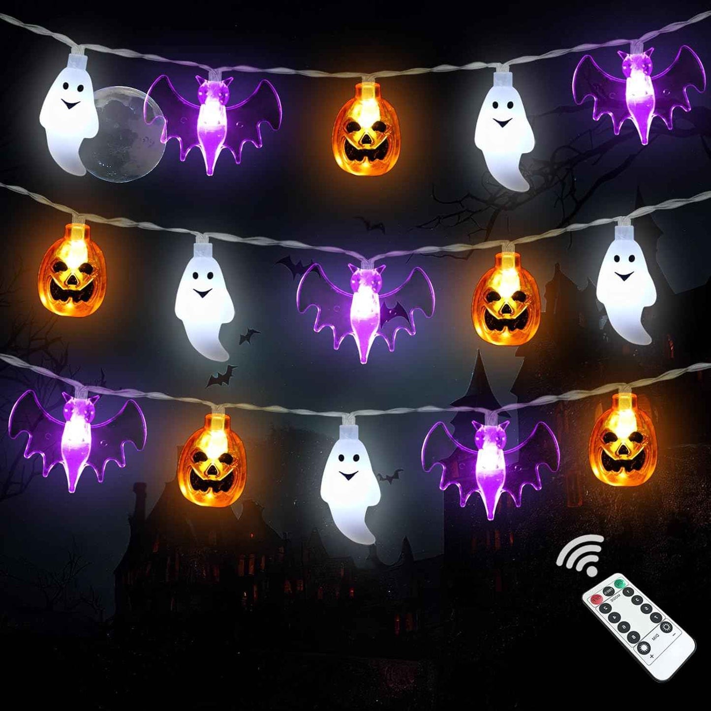 LampLustre Halloween Lights Battery Operated - 3D Pumpkin Bat Ghost String Lights for Cozy Living Room Autumn Decor, 16FT 30 LED Indoor Mood Lighting with Remote