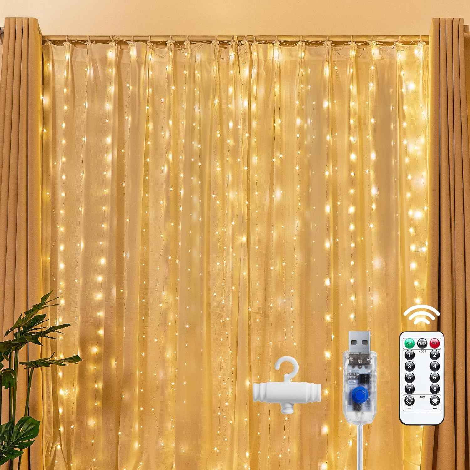 Brightown 300 LED Curtain Fairy Lights in Soft Pink, 9.8x9.8 ft USB-Powered Hanging Lights with 8 Modes and Timer, Bedroom Window Backdrop and Vanity Area Decor