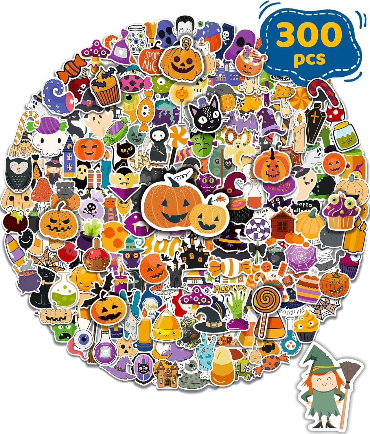 Kids Halloween Party Favor Stickers – 300 Waterproof Vinyl Stickers for Trick or Treat Goody Bags