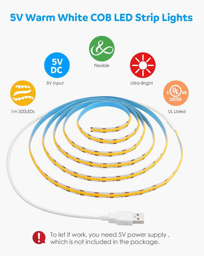 Aclorol USB COB LED Strip Lights – Cozy Housewarming Gift, Warm White Bedroom Accent Decor