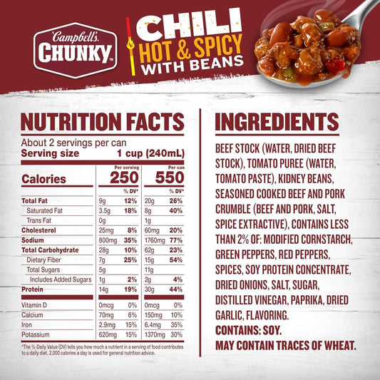 Campbell's Chunky Hot and Spicy Chili With Beans — 19 oz Filling Self-Care Meal After a Tough Workout