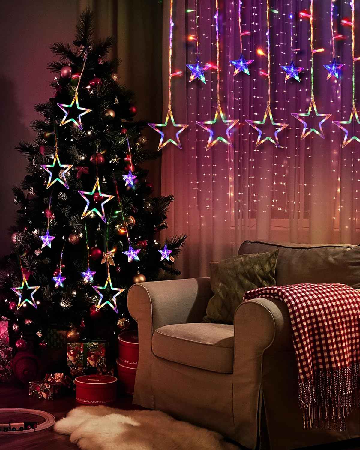 Blingstar Star Curtain Lights Warm White 138 LED 8.2 Ft Window Curtain with Timer Remote for Cozy Living Room and Apartment Aesthetic
