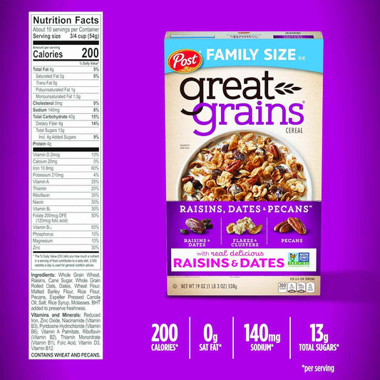 Great Grains Raisins Dates Pecans Breakfast Cereal – Wholesome Family Breakfast Cereal for Kids' Morning Bowl