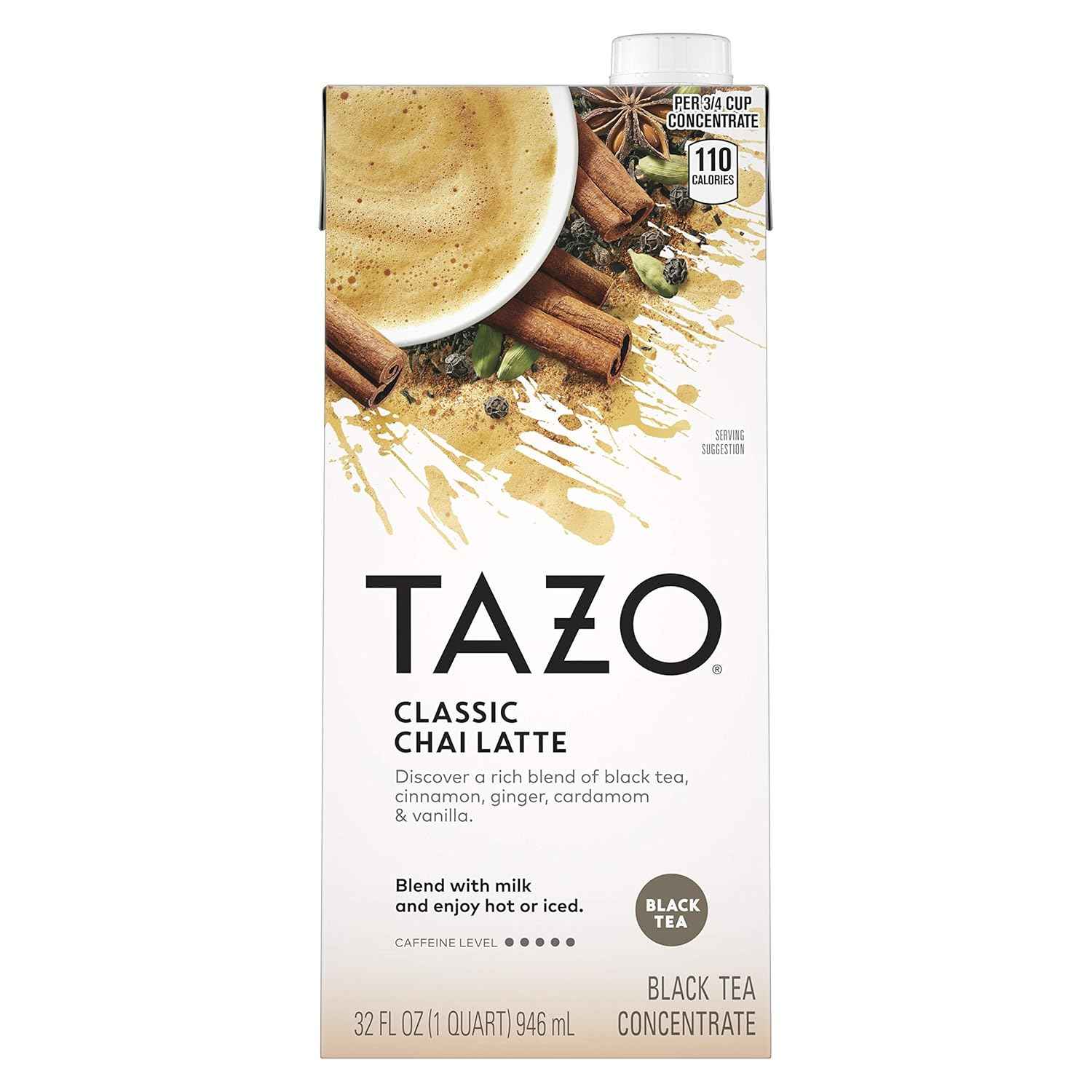 TAZO Classic Chai Black Tea Concentrate – Calming Caffeine Alternative for Self Care Morning Routine, 32 oz Carton