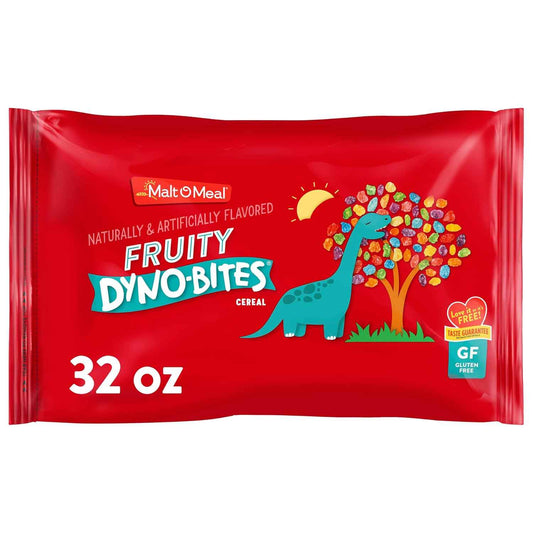 Malt-O-Meal Fruity Dyno Bites Cereal, Streamlined Gluten Free Pantry Cereal for Clutter Free Kitchens, 32 OZ Resealable Bag