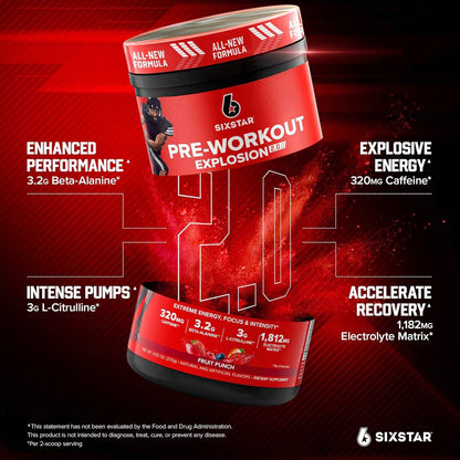 Six Star Pre-Workout Explosion 2.0 - Focus-Boosting Pre-Workout Powder for Busy Professionals & Students, Fruit Punch, 30 Servings