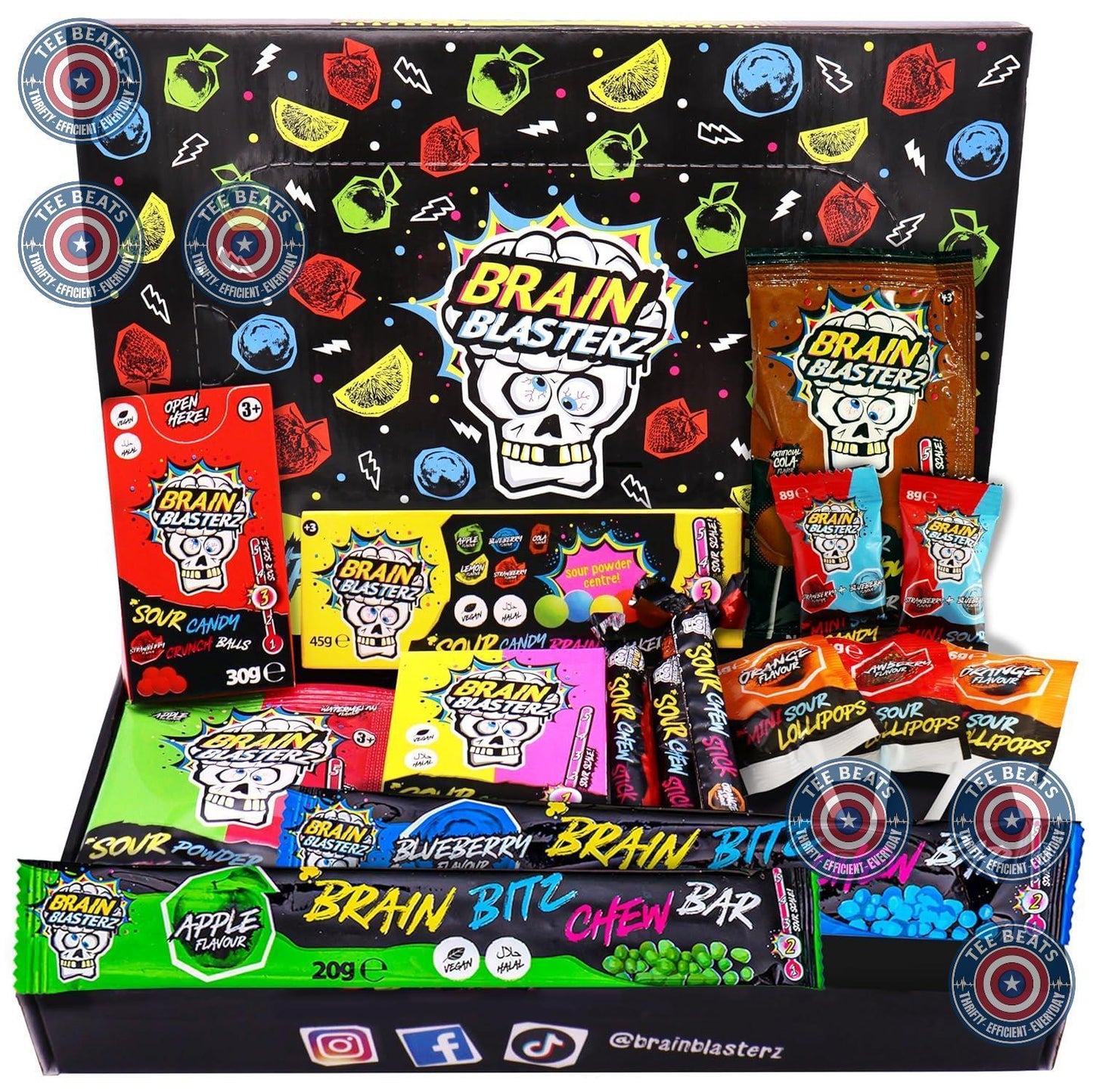 Brain_Blasterz_TREAT_Sour_Candy_Variety_Pack,_Vegan_Candy,_Chew_Bar,_Halal_Gift_Box_w/_15_pcs_(13oz),_Unique_Lollipop,_Powder,_Taffy,_Halloween