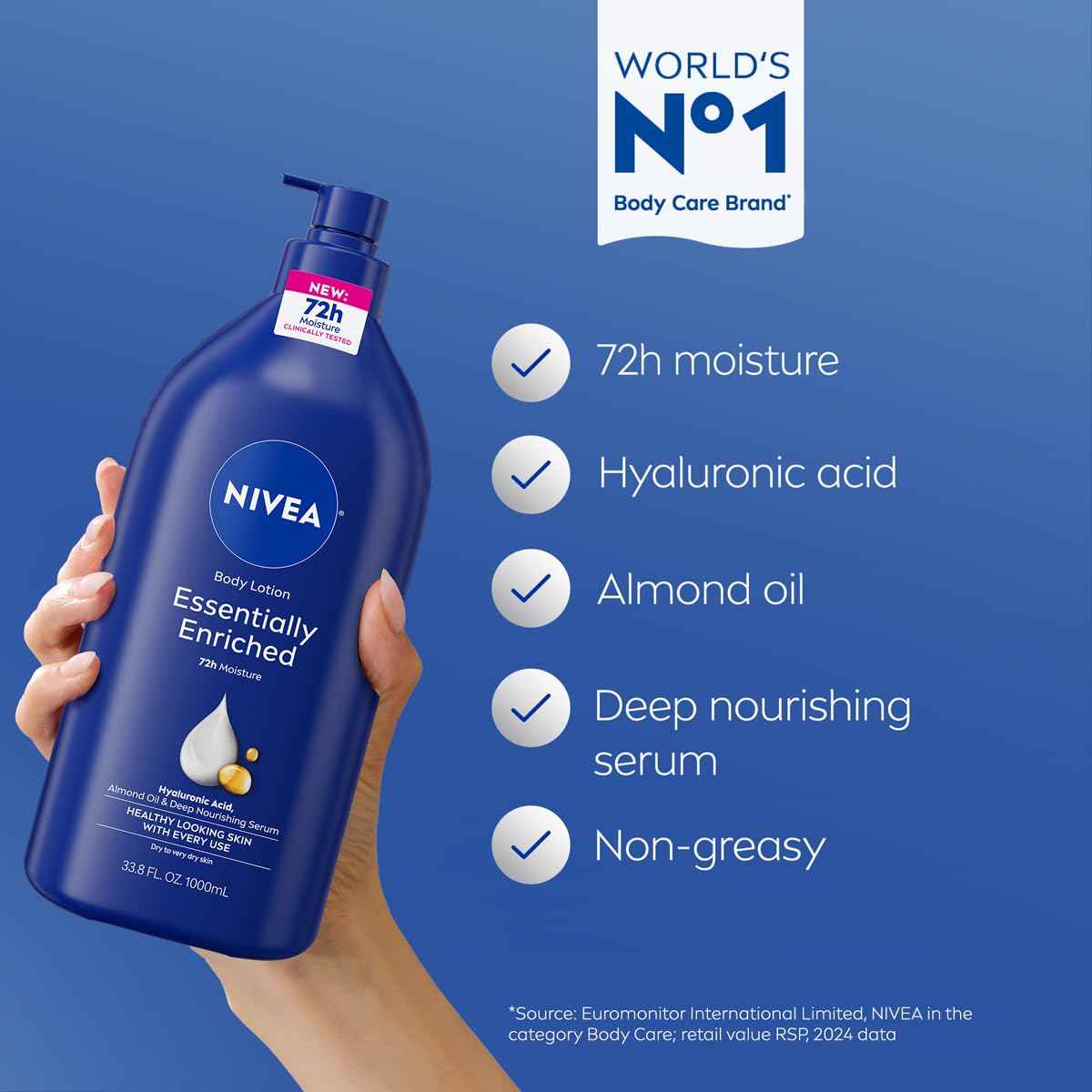 NIVEA Essentially Enriched Body Lotion for Very Dry Skin with Hyaluronic Acid and Almond Oil, 72-Hour Hydration for a Calming Nightly Self-Care Ritual, 33.8 Fl Oz Pump Bottle
