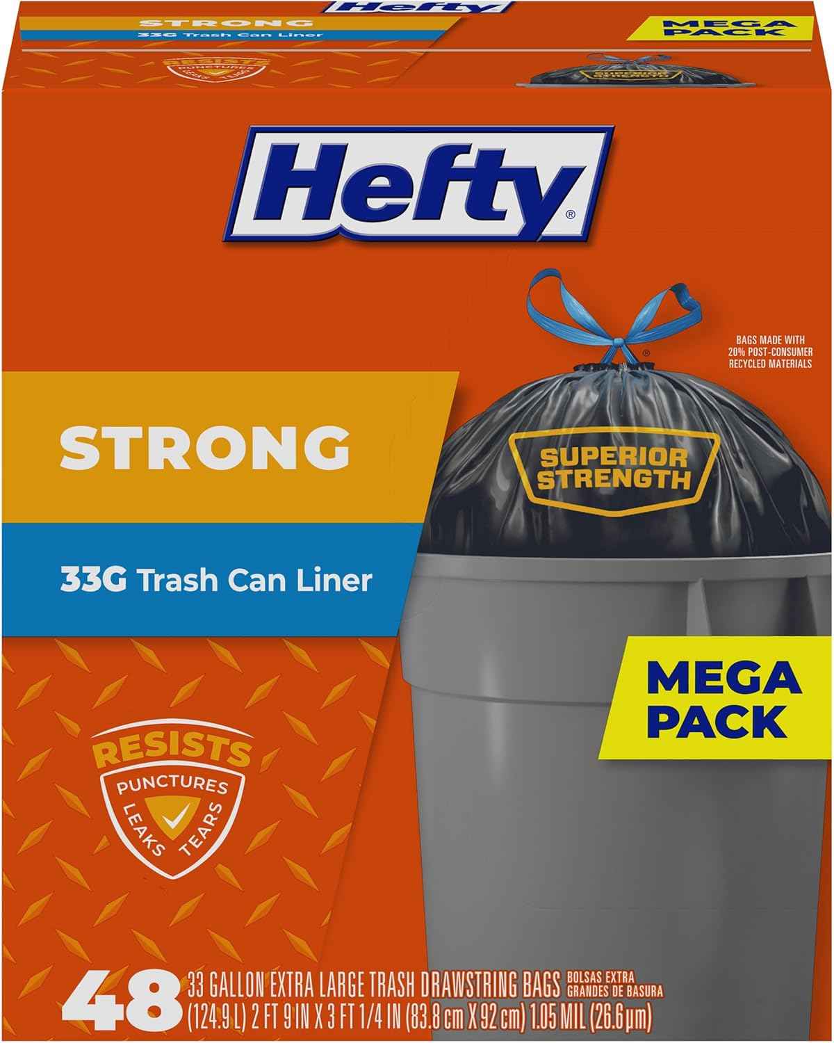 Hefty Strong Trash Bags – Heavy-Duty Outdoor Waste Bags for Patio, Yard, and Camping Cleanup, 33 Gallon
