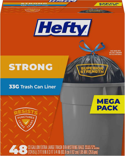 Hefty Strong Trash Bags – Heavy-Duty Outdoor Waste Bags for Patio, Yard, and Camping Cleanup, 33 Gallon