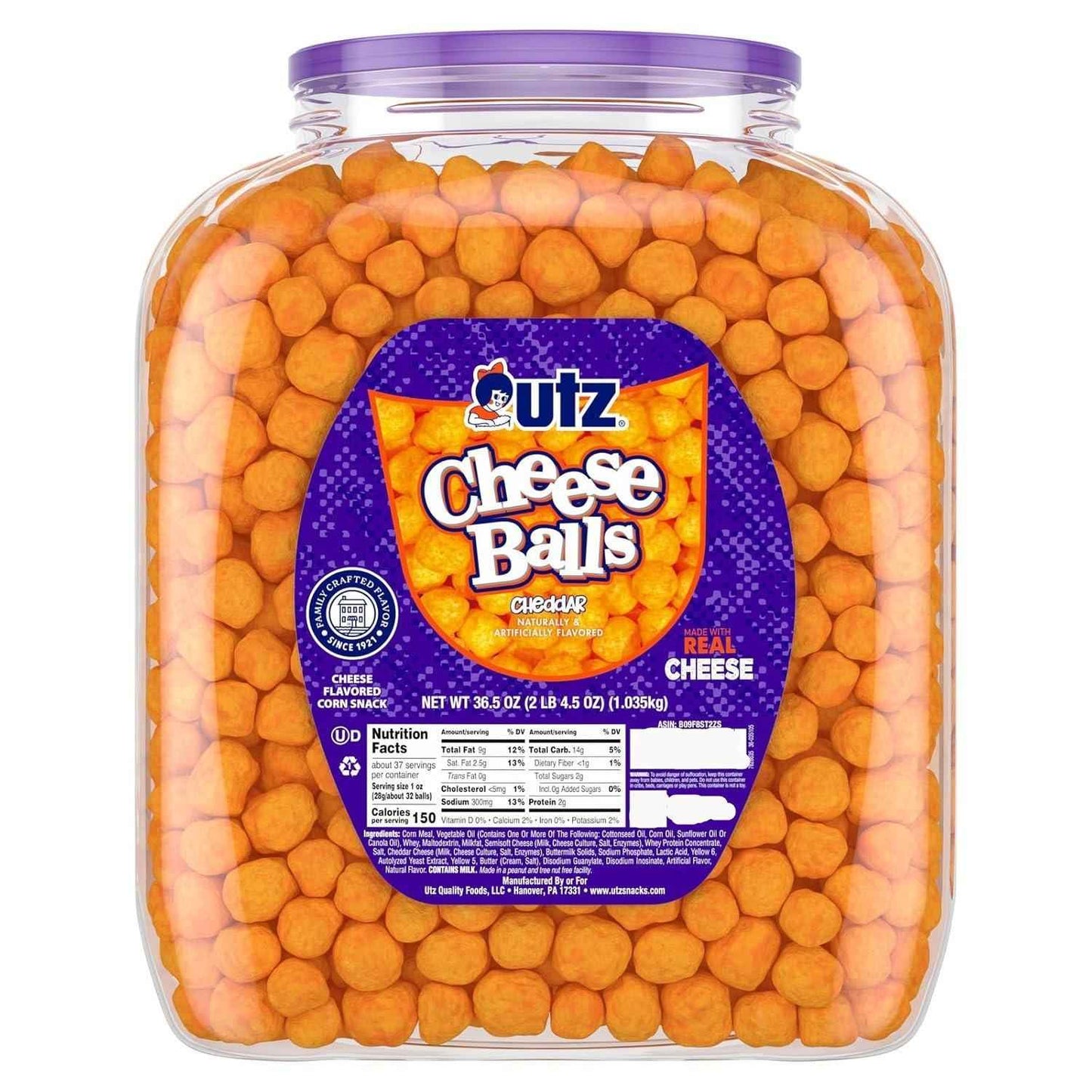 Utz Cheese Balls Bulk Barrel – Housewarming and Hostess Gift for Party Hosts, 36.5 oz Resealable Cheese Puff Tub