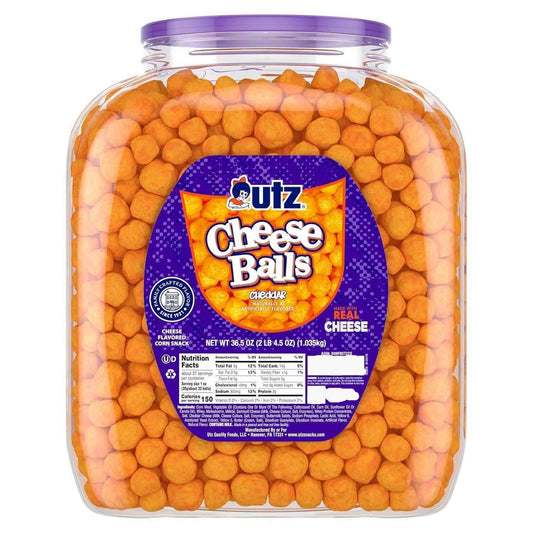 Utz Cheese Balls Bulk Barrel – Housewarming and Hostess Gift for Party Hosts, 36.5 oz Resealable Cheese Puff Tub