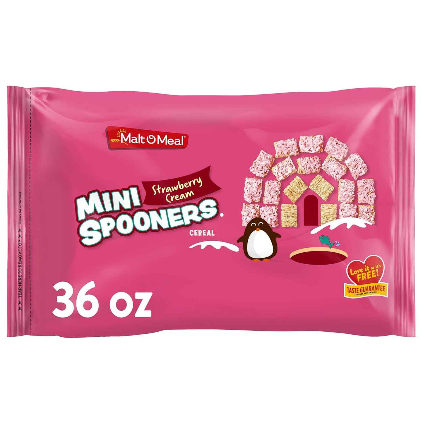Malt-O-Meal Strawberry Cream Mini Spooners Shredded Wheat Cereal, Portable Frosted Strawberry Snack Cereal for Travel Bags and Sports Packs, 36 OZ Resealable