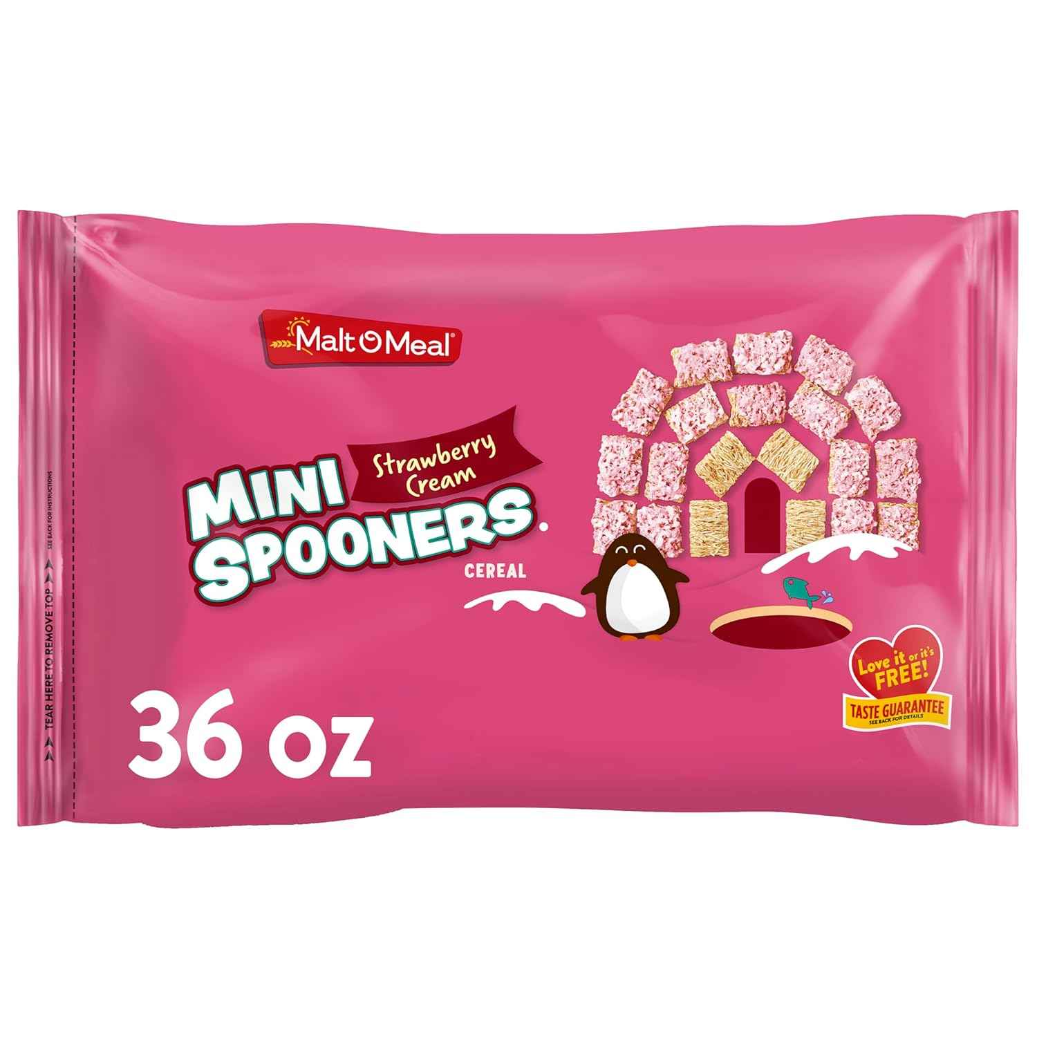 Malt-O-Meal Strawberry Cream Mini Spooners Shredded Wheat Cereal, Portable Frosted Strawberry Snack Cereal for Travel Bags and Sports Packs, 36 OZ Resealable