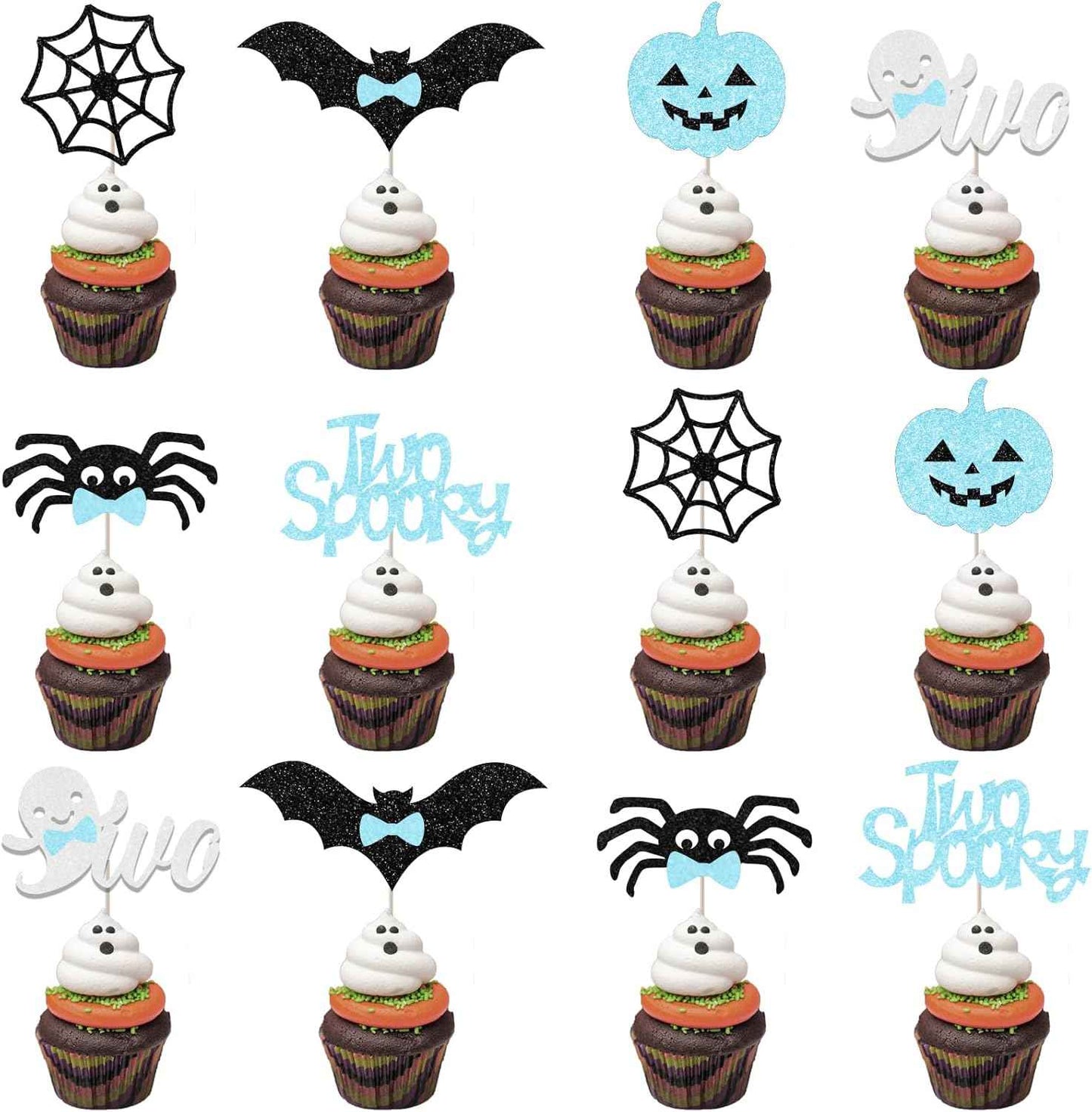 Two Spooky 2nd Birthday Cupcake Toppers Gift Set for Boy, 36Pcs Blue Black Halloween Dessert Decor Surprise Gift for Mom Hostess Halloween Party Setup