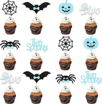 Two Spooky 2nd Birthday Cupcake Toppers Gift Set for Boy, 36Pcs Blue Black Halloween Dessert Decor Surprise Gift for Mom Hostess Halloween Party Setup