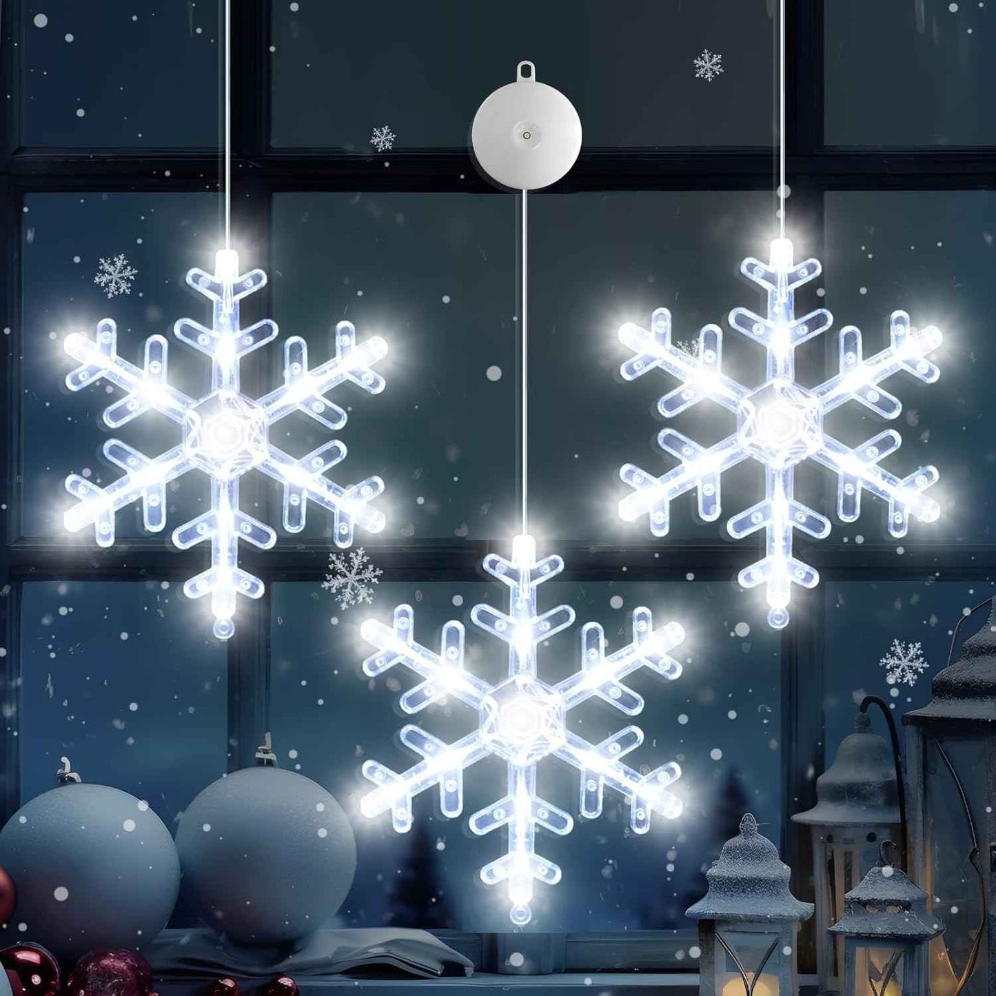 LuminGlow 3Pack Hanging Snowflake Lights – Fireplace Mantel & Window Accent for Holiday Home Styling