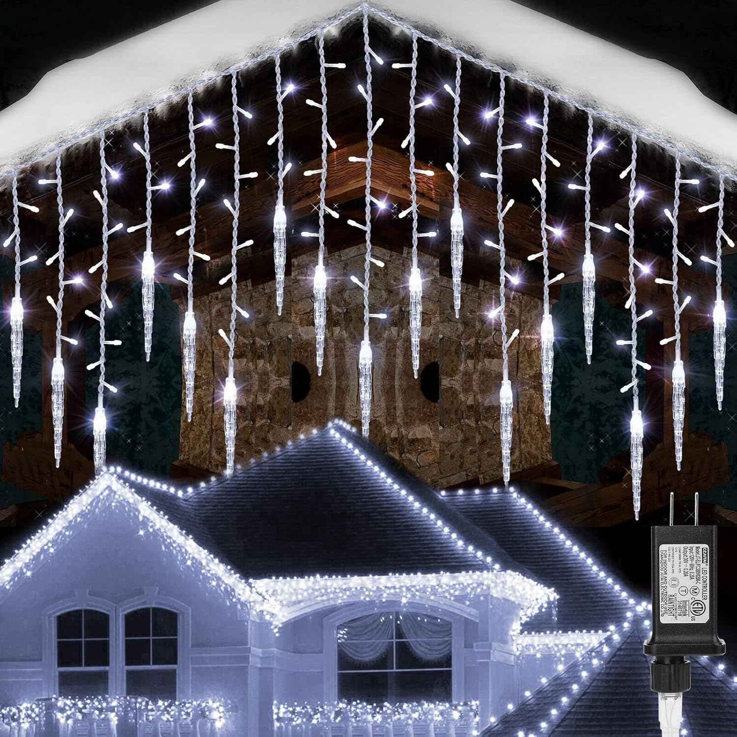 Ollny Waterproof Icicle Lights 29.5ft for Patio and Garden Eaves, 360 LED Connectable Outdoor String Lights for Holiday Parties