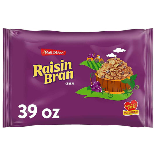 Malt-O-Meal Raisin Bran Cereal – Quick Whole Grain Breakfast for Busy Workdays, 39 OZ Resealable Pantry Bag