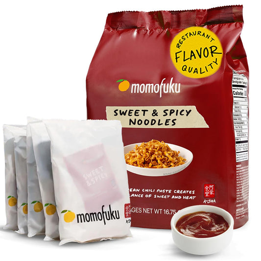 Momofuku_Sweet_&_Spicy_Ramen_Noodles_by_David_Chang,_5_Count_(Pack_of_1)_Air-Dried_Vegan_Instant_Noodles_11g_of_Plant_Based_Protein_Food_Flavor