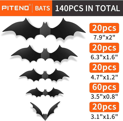 Piteno® Outdoor Halloween Bat Decor 140 Pack, Waterproof PVC 3D Bats for Porch, Patio, and Entryway Trick-or-Treat Night