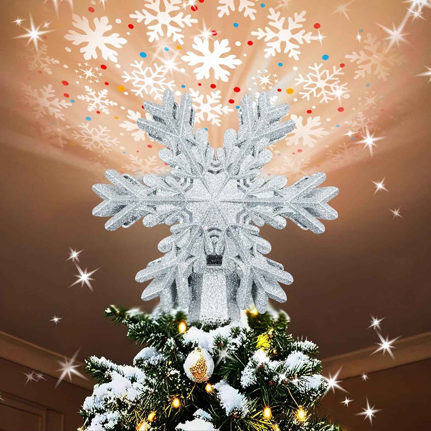 Aurora Glow Auto-Rotating Snowflake Light – No Flame, No Batteries Holiday Decoration for Family Trees