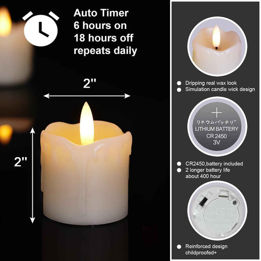 Homemory Flameless Votive Candles with Timer 2x2 Real Wax Shell, 6-Pack Set of Realistic Flicker LED for Living Room Mantel and Centerpiece Display