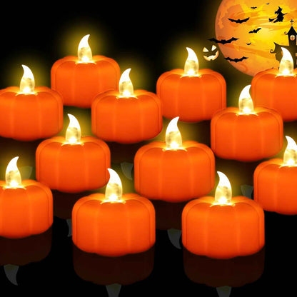 Pumpkin Glow LED Tea Lights – Cozy Living Room Fall Centerpiece, Flickering Amber Accent for Mantel and Bookshelf Styling