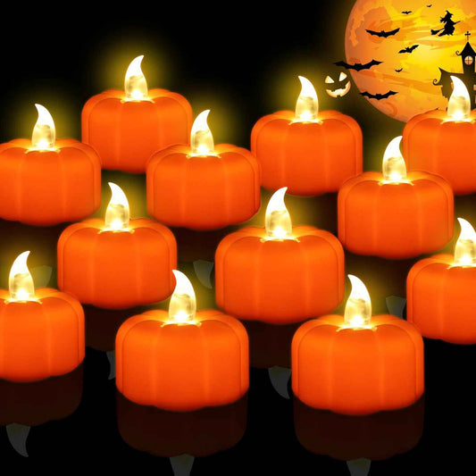 Pumpkin Glow LED Tea Lights – Cozy Living Room Fall Centerpiece, Flickering Amber Accent for Mantel and Bookshelf Styling