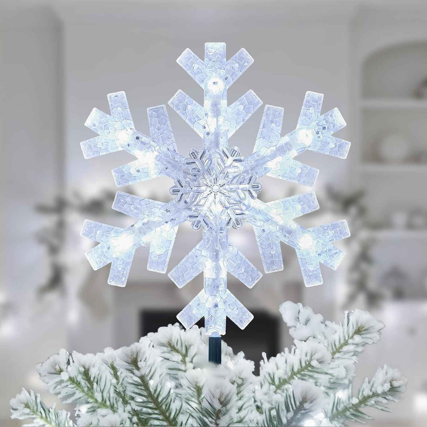 Brightown 3D Snowflake Christmas Tree Topper – Cozy Bedroom and Family Room Holiday Centerpiece, Built-in 15 Cool White Bulbs