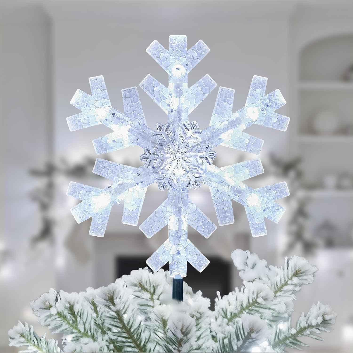 Brightown 3D Snowflake Christmas Tree Topper – Cozy Bedroom and Family Room Holiday Centerpiece, Built-in 15 Cool White Bulbs
