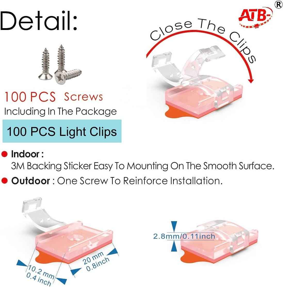 ATB LED Strip Channel Clips for Living Room TV Backlight and Home Theater Glow, Invisible 10mm Self-Locking Holders, 100 Pieces with Screws