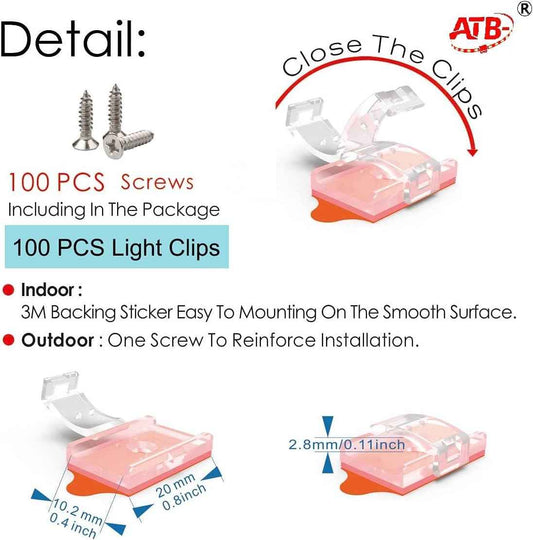 ATB LED Strip Channel Clips for Living Room TV Backlight and Home Theater Glow, Invisible 10mm Self-Locking Holders, 100 Pieces with Screws
