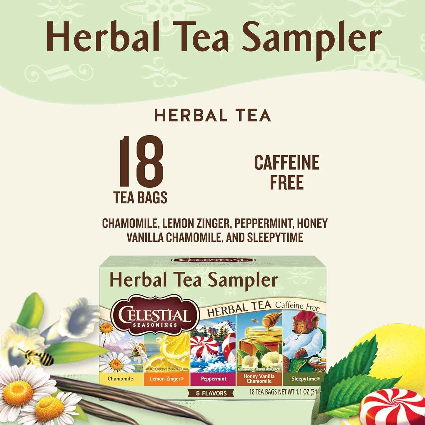 Celestial Seasonings Caffeine-Free Herbal Tea Box – Recyclable Paperboard Packaging for the Clutter-Free Pantry, 5 Blends