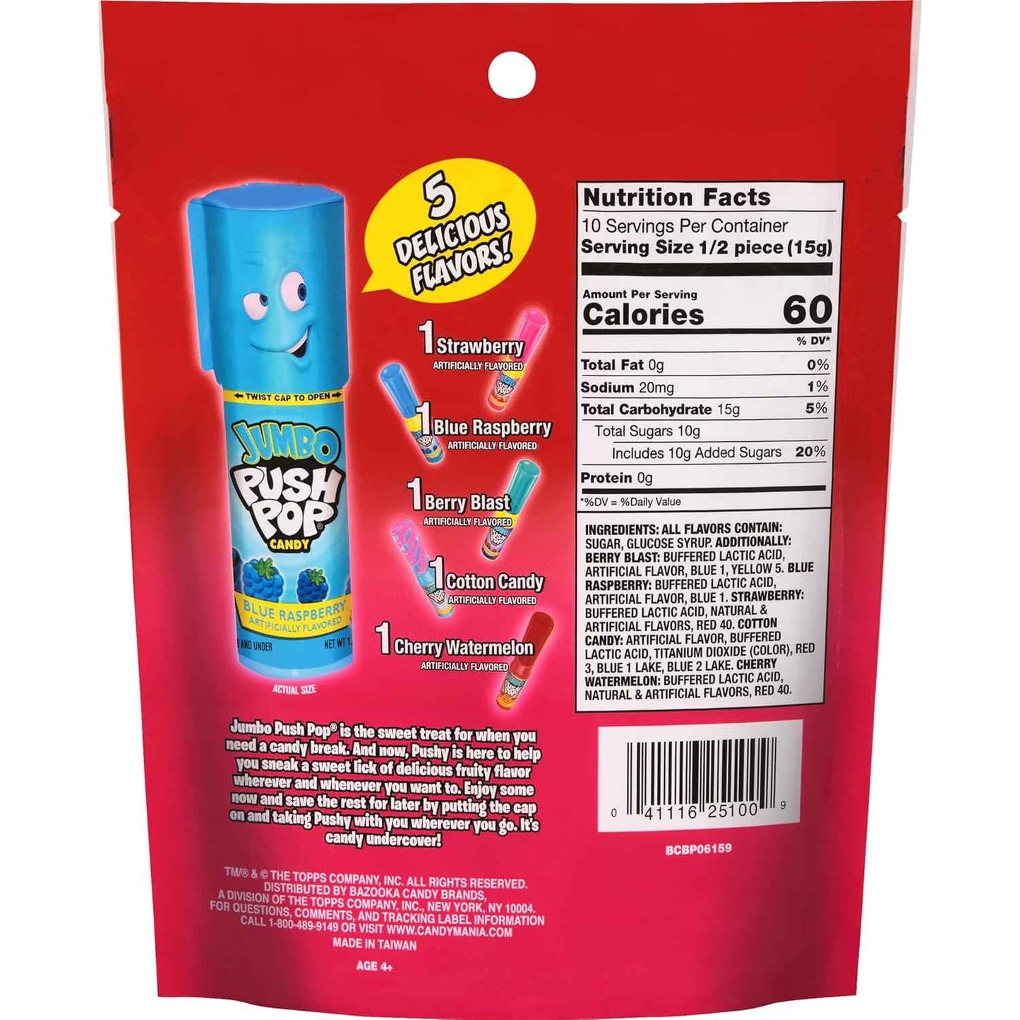 Bazooka Push Pop Jumbo Lollipops – Travel Friendly Treat for Road Trips and Park Outings
