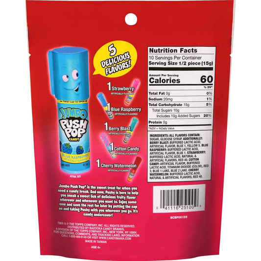 Bazooka Push Pop Jumbo Lollipops – Travel Friendly Treat for Road Trips and Park Outings