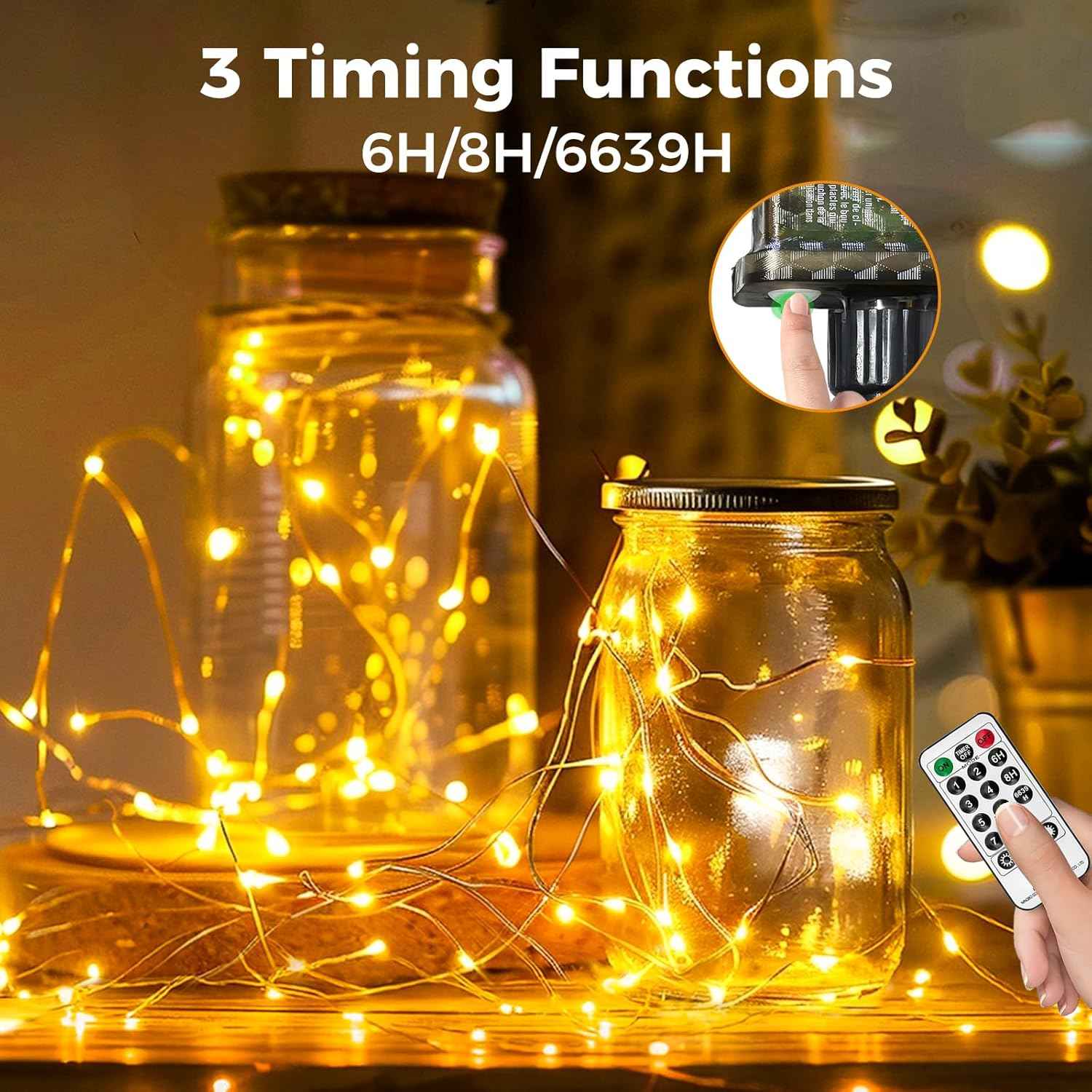btfarm Copper Wire Twinkle Lights 33FT – Warm White Bedroom Mood Lighting with 8 Modes and Dimmer Remote, Plug in String Lights for Living Room Shelf Styling