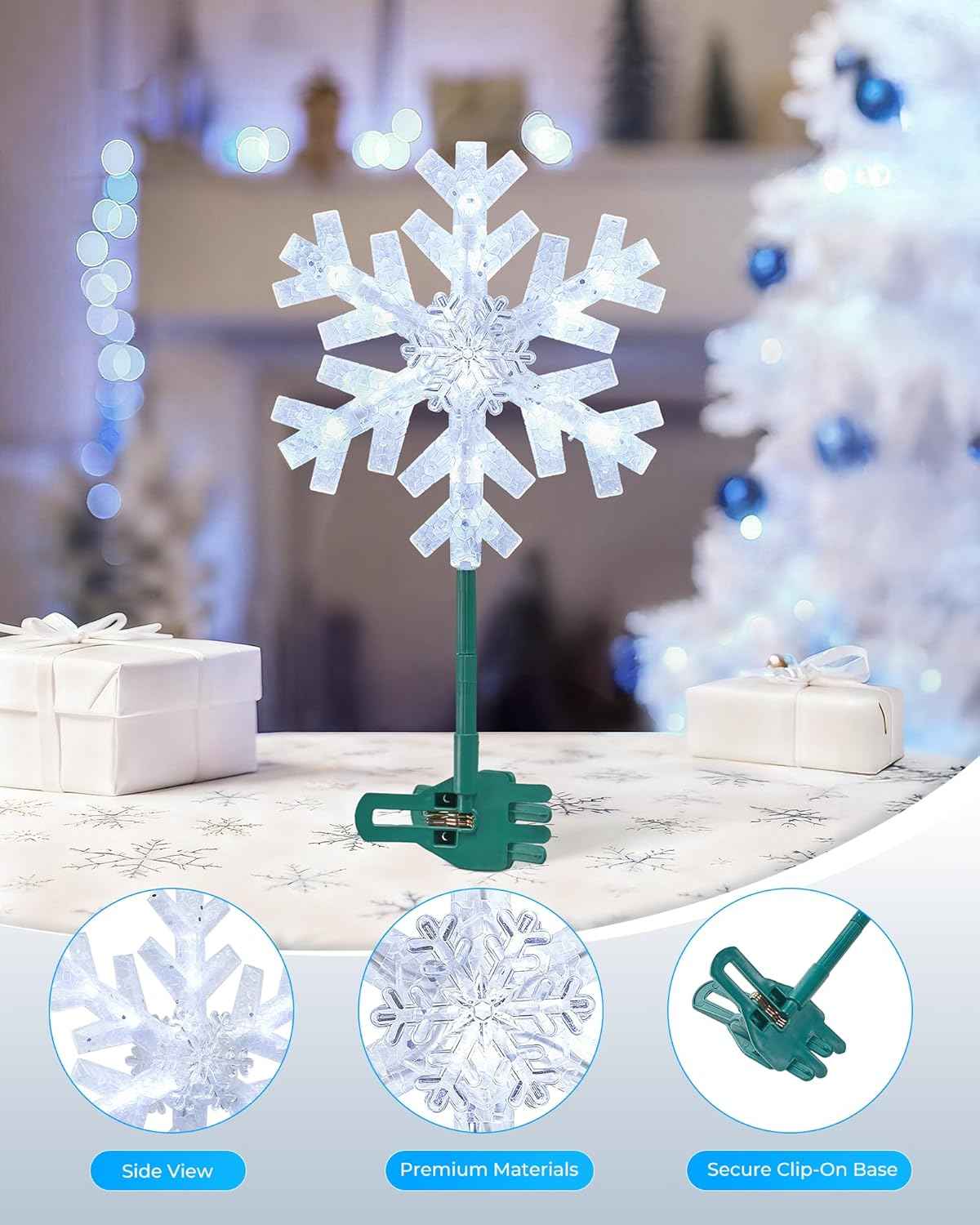 Brightown 3D Snowflake Christmas Tree Topper – Cozy Bedroom and Family Room Holiday Centerpiece, Built-in 15 Cool White Bulbs
