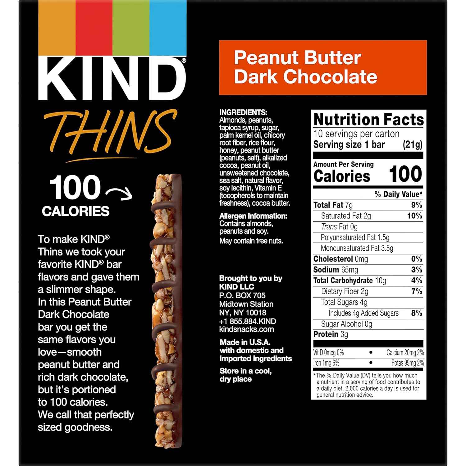 KIND THINS Peanut Butter Dark Chocolate Bars – Gluten Free Lunchbox Snack for School Sensitive Kids, 10 Individually Wrapped Bars