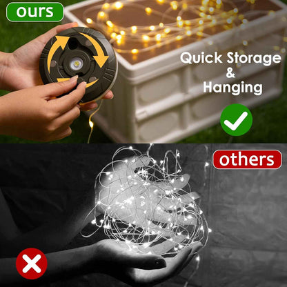 LuminTrail CampGlow Reel – Cozy Bedroom Decor 32.8FT Warm String Lights with Hidden Reel Storage & Lantern Glow
