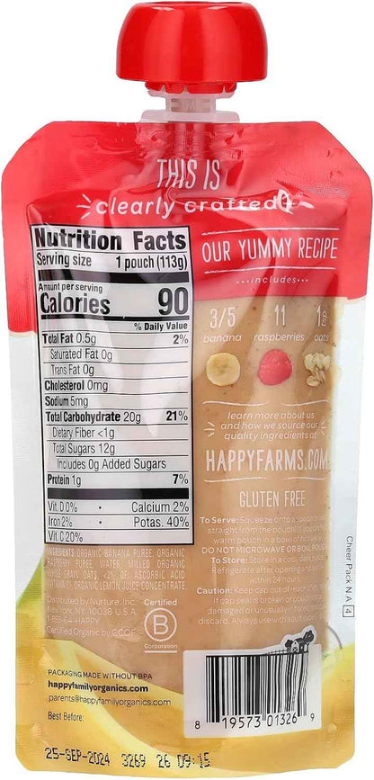 Happy Baby Organics Stage 2 Baby Food Pouch – Safe, Non-Toxic Snack for Highchair Feeding and Diaper Bag Lunches, Bananas, Raspberries & Oats 4 oz