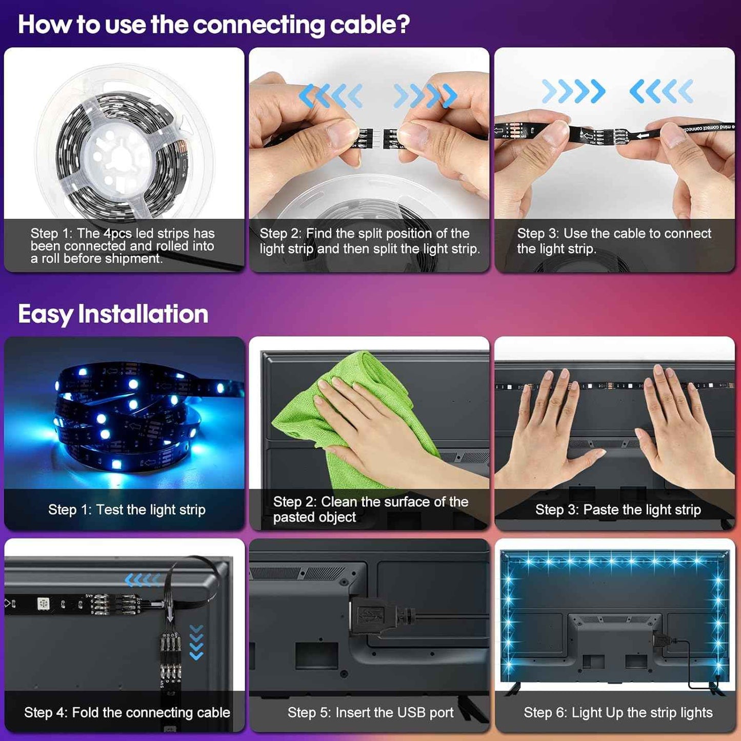 HOUHUI USB LED Strip Lights Kit for Living Room – 6.56ft RGB Backlight Strips for Cozy Bedroom and Home Theater Ambiance