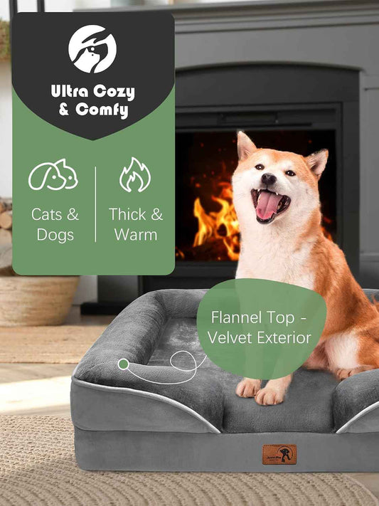 Ksiia Plush Bolster Dog Sofa – Living Room Accent Piece in Grey, Washable Orthopedic Couch for Medium Pets