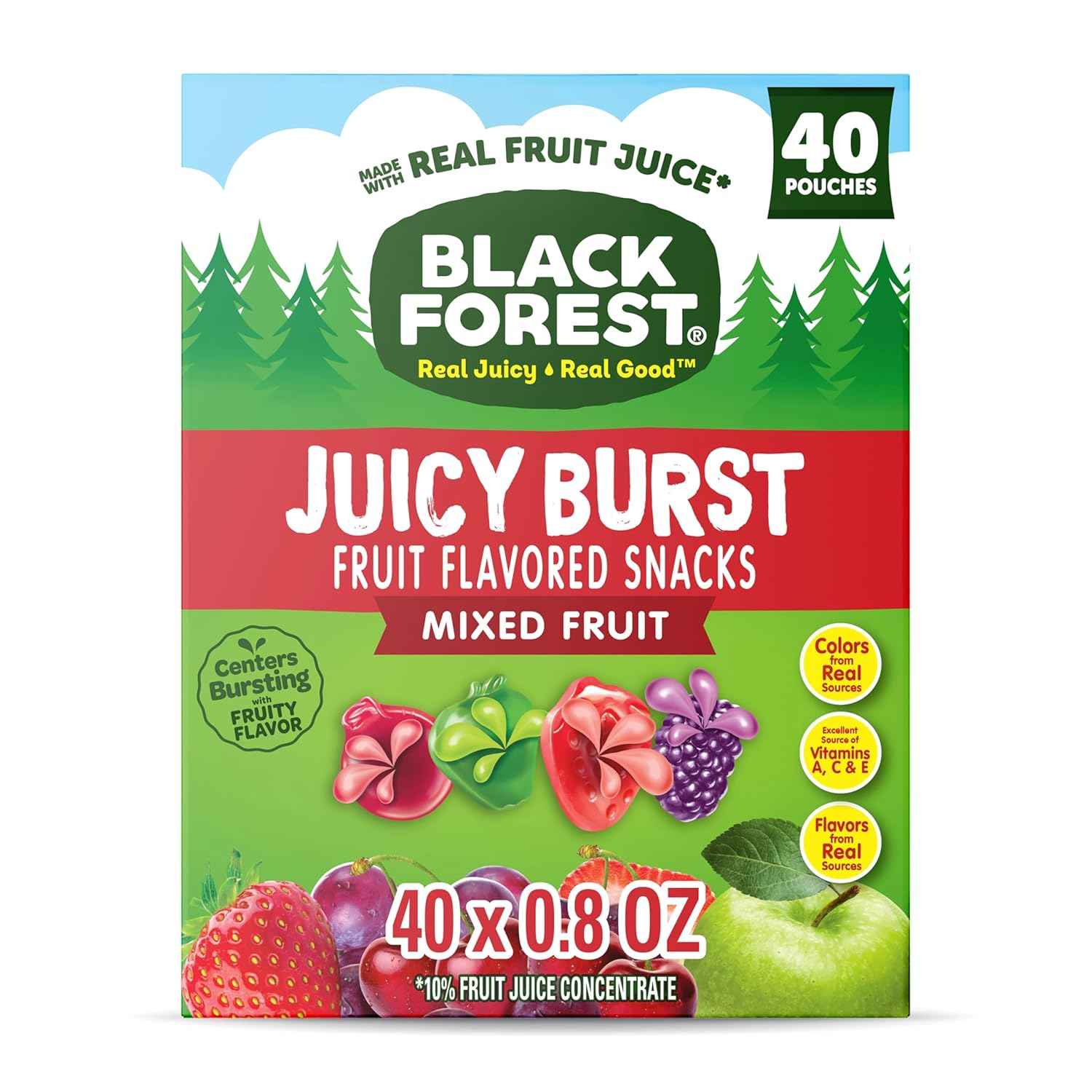 Black Forest Juicy Burst Portable Snacks for Car and Camping – Shelf-Stable Mixed Fruit Pouches, 40 ct