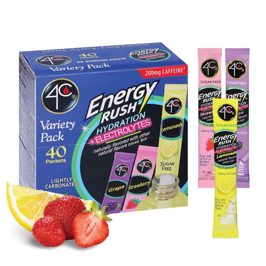 4C Energy Rush PSD Electrolyte Drink Mix Variety Pack – Midday Pick-Me-Up Sticks for Home Office and Work-from-Home Focus, 40 Count
