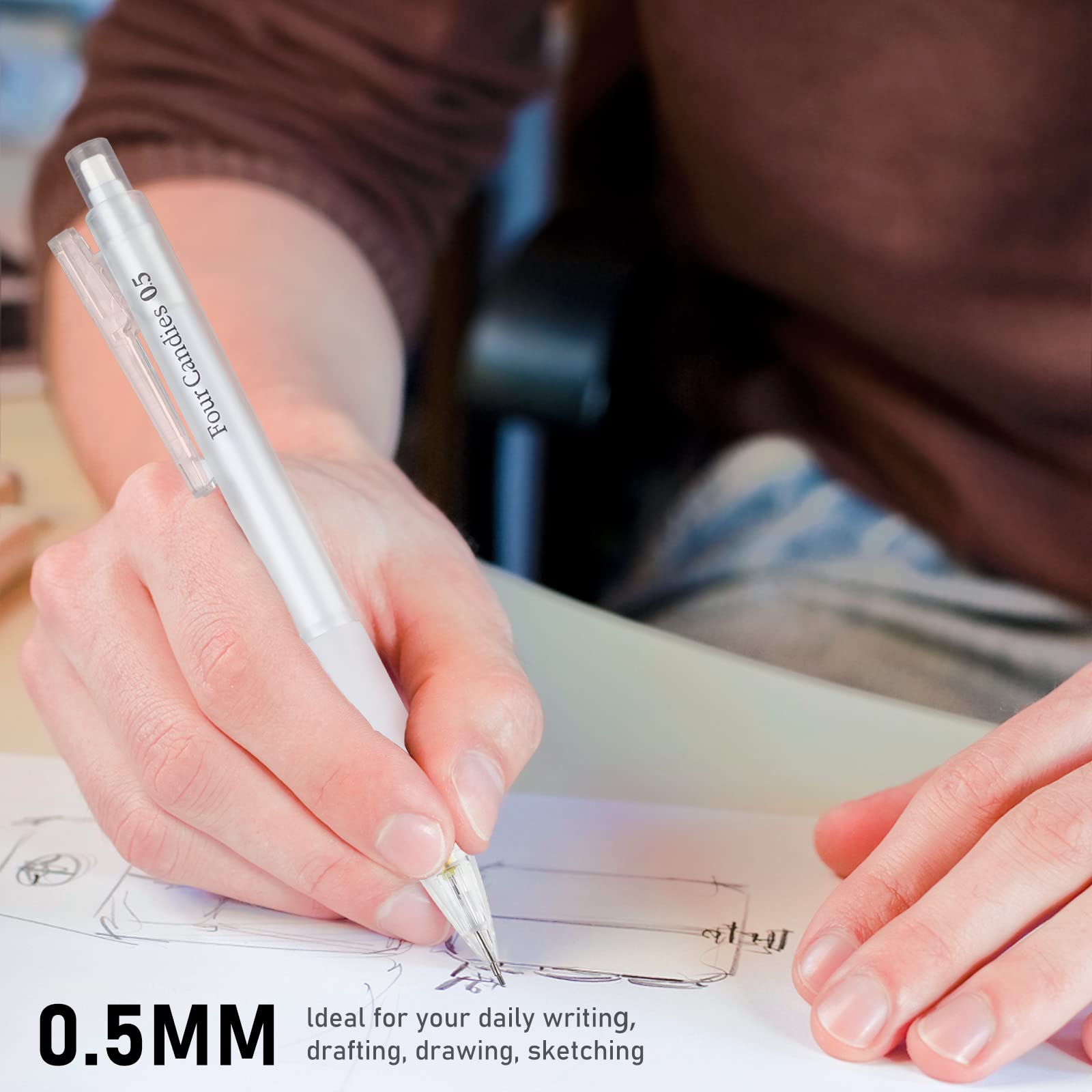 Four_Candies_Cute_Mechanical_Pencil_Set_with_Case_-_3PCS_Pencils_0.5mm_with_180PCS_HB_Lead_Refills,_3PCS_Erasers_&_9PCS_Eraser_Refills,_White_Clear_Mechanical_Pencil_for_Students_Drawing,_Writing