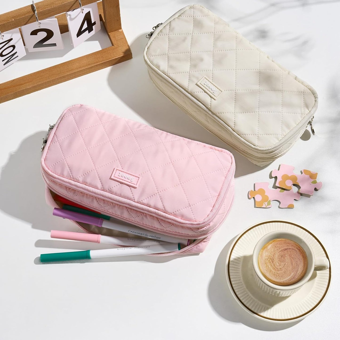 Sooez_Large_Pencil_Case_Pouch,Extra_Big_Pencil_Bag_with_8_Compartments,Pen_Bag_Wide_Opening,Soft_Quilted_Pencil_Pouch_Organizer_with_Zipper,Portable_Pencil_Case_for_Teen_Girls,Beige