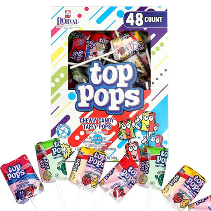 Top Pops Taffy Pops, 48 Pack – Mixed Fruit Chewy Candy for Kids' Birthday Party Tables