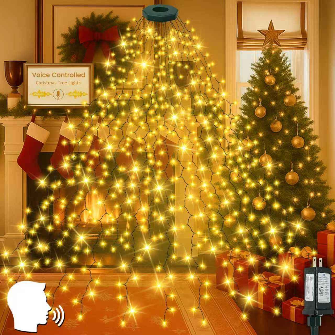 Cascadia Lights Child-Safe Voice-Activated Christmas Tree Lights for Family Living Room, Cool-to-Touch LED Waterfall Lights with 6h Auto Shutoff